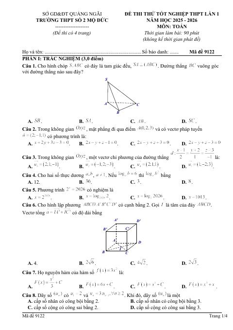 Đề thi thử TN THPT 2026 môn Toán lần 1 trường THPT Mộ Đức 2 – Quảng Ngãi (bản Word)